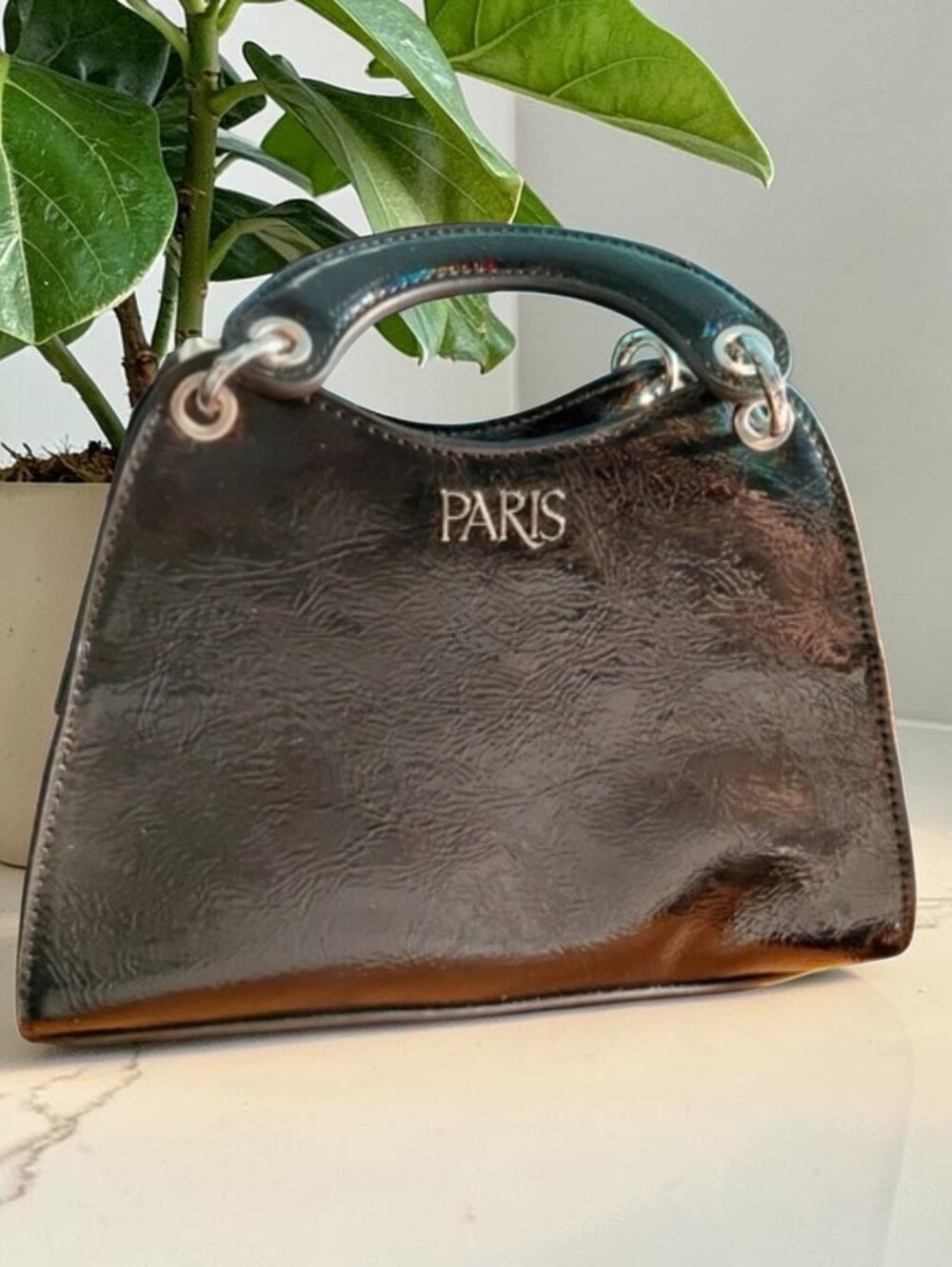 Paris Hilton Patent Vegan Leather Top-Handle Bag in Deep Brown, NWOT